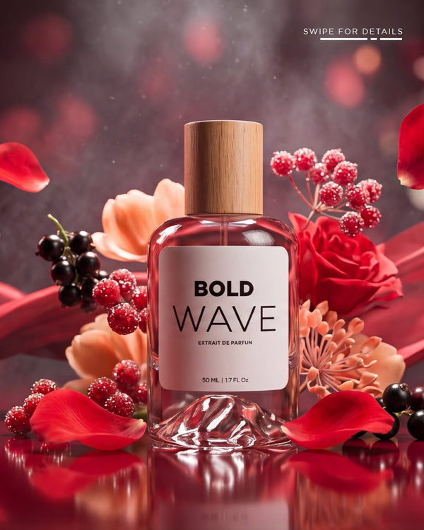 Bold Wave For Her perfume bottle with elegant design and floral accents, showcasing a feminine fragrance product.
