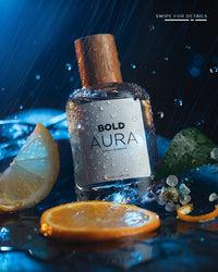 Bold Aura For Them skincare product bottle with minimalist white and gold design, featuring the Aura logo on the label.