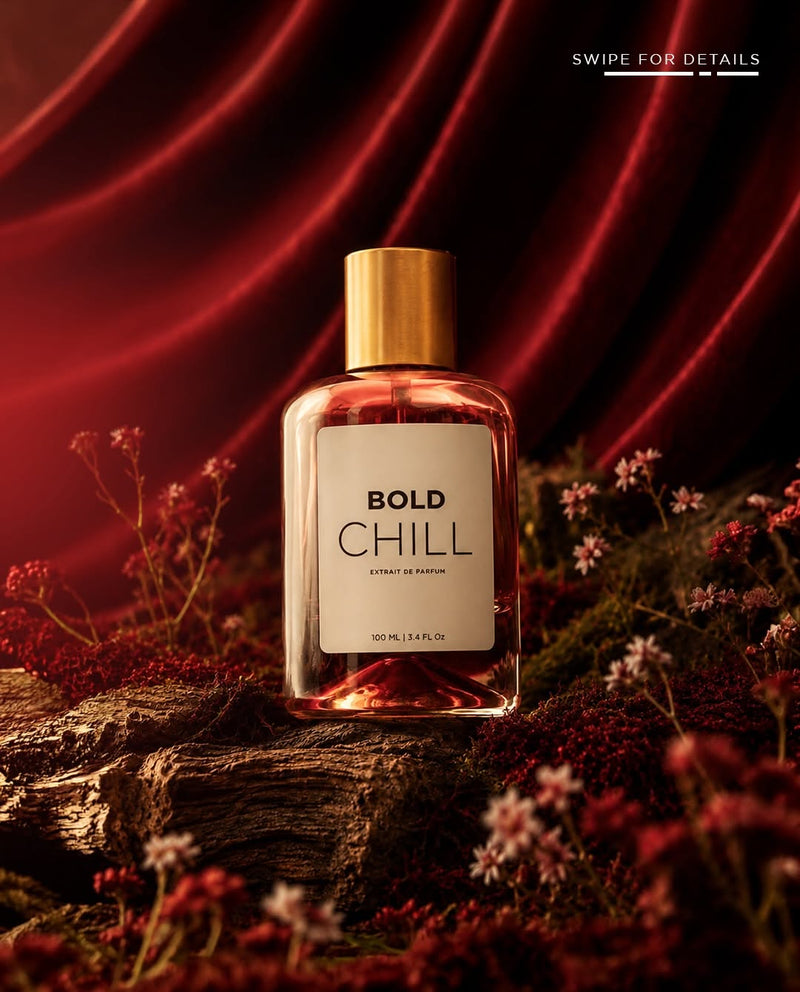 Bold Chill For Her perfume bottle with sleek design and soft pink accents, showcasing the elegant fragrance packaging.