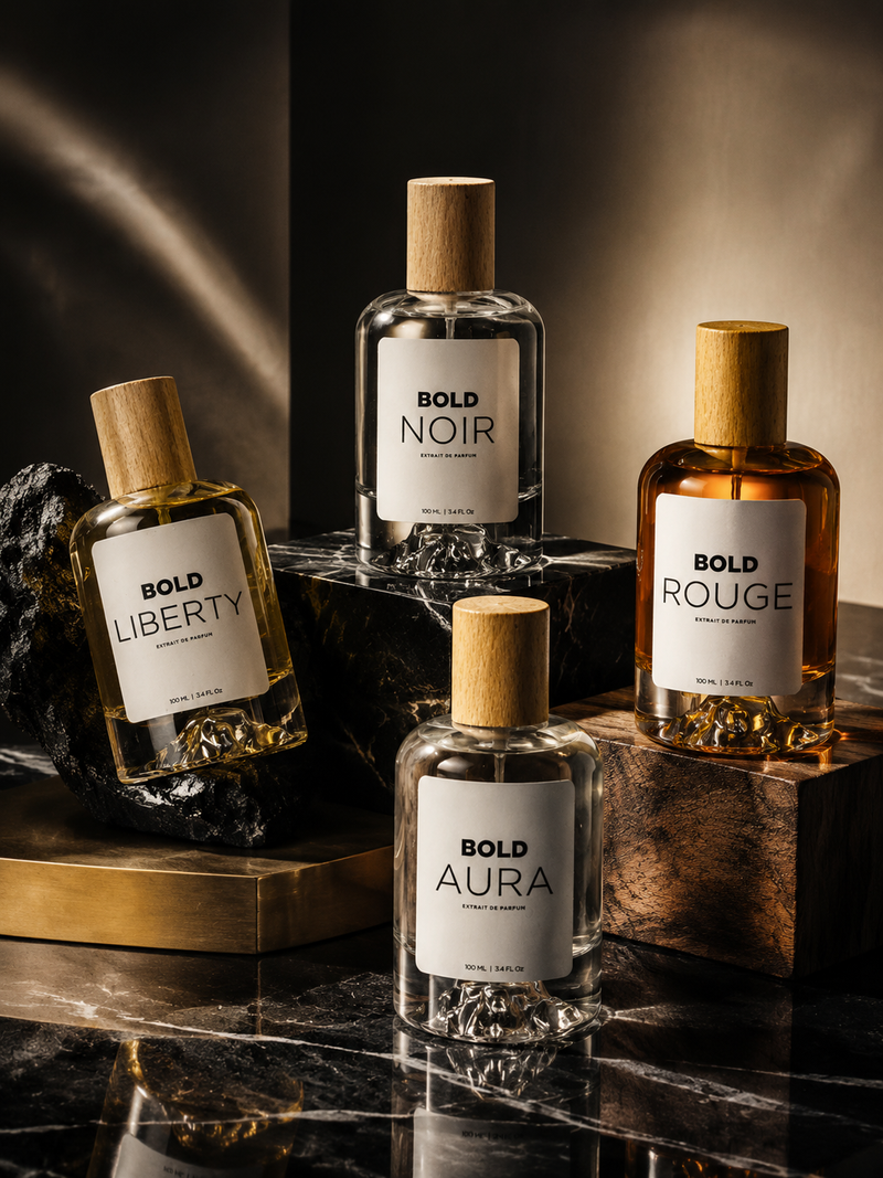 Bundle of four luxury perfume bottles by Bold, showcasing elegant fragrance packaging for social media advertising.
