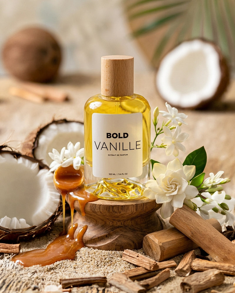 Bold For Her Vanilla perfume bottle with elegant design, featuring a soft vanilla scent and a sleek, modern container.