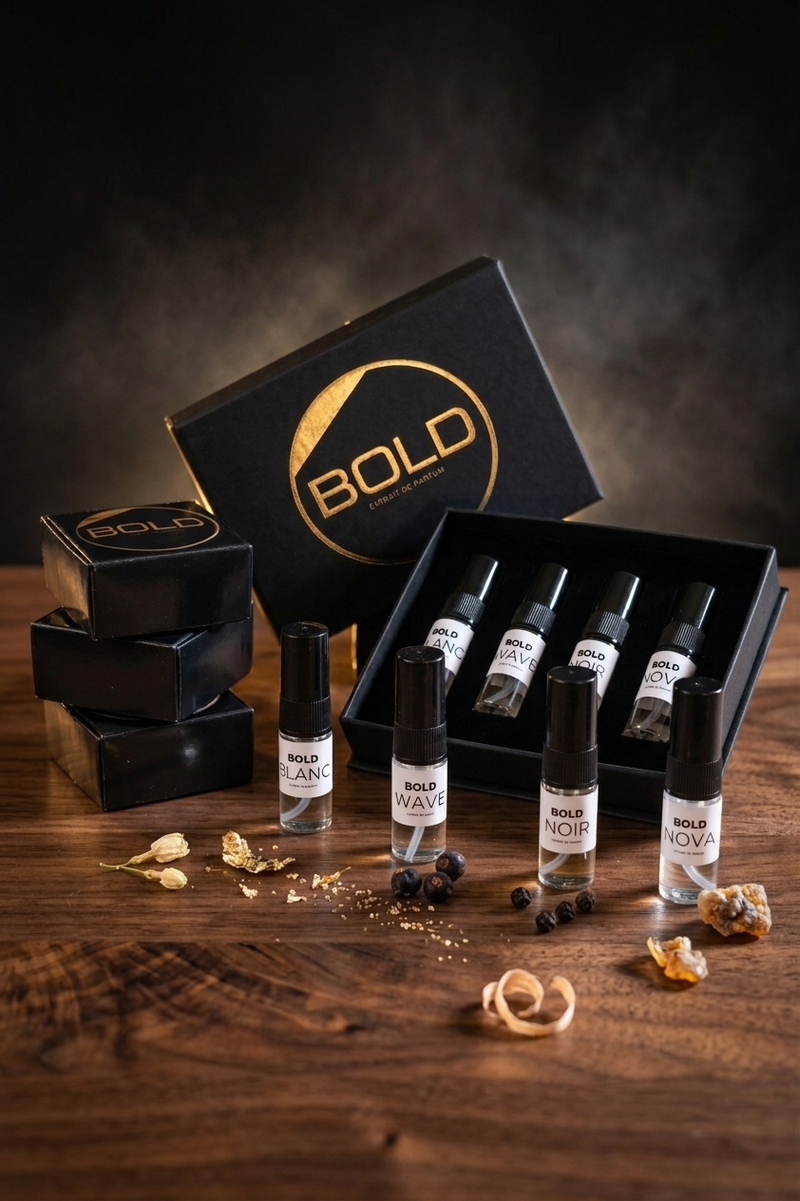Bold Discovery Set testers display with sample vials and packaging, showcasing a variety of fragrance options.