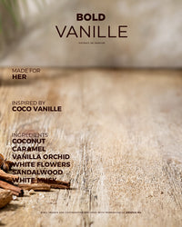 Bold For Her Vanilla fragrance bottle with floral accents and elegant design, showcasing the signature scent for women.